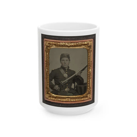 James Mcgrail In Union Uniform With Shoulder Scales And Eagle Breast Plate Sitting With A Musket And Bayonet In Scabbard (U.S. Civil War) White Coffee Mug-15oz-Go Mug Yourself