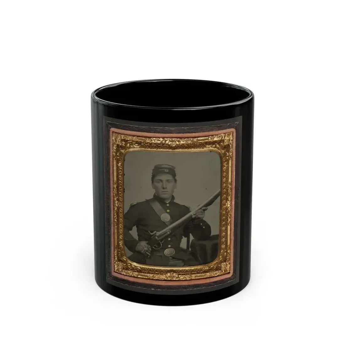 James Mcgrail In Union Uniform With Shoulder Scales And Eagle Breast Plate Sitting With A Musket And Bayonet In Scabbard (U.S. Civil War) Black Coffee Mug 11oz - Go Mug Yourself