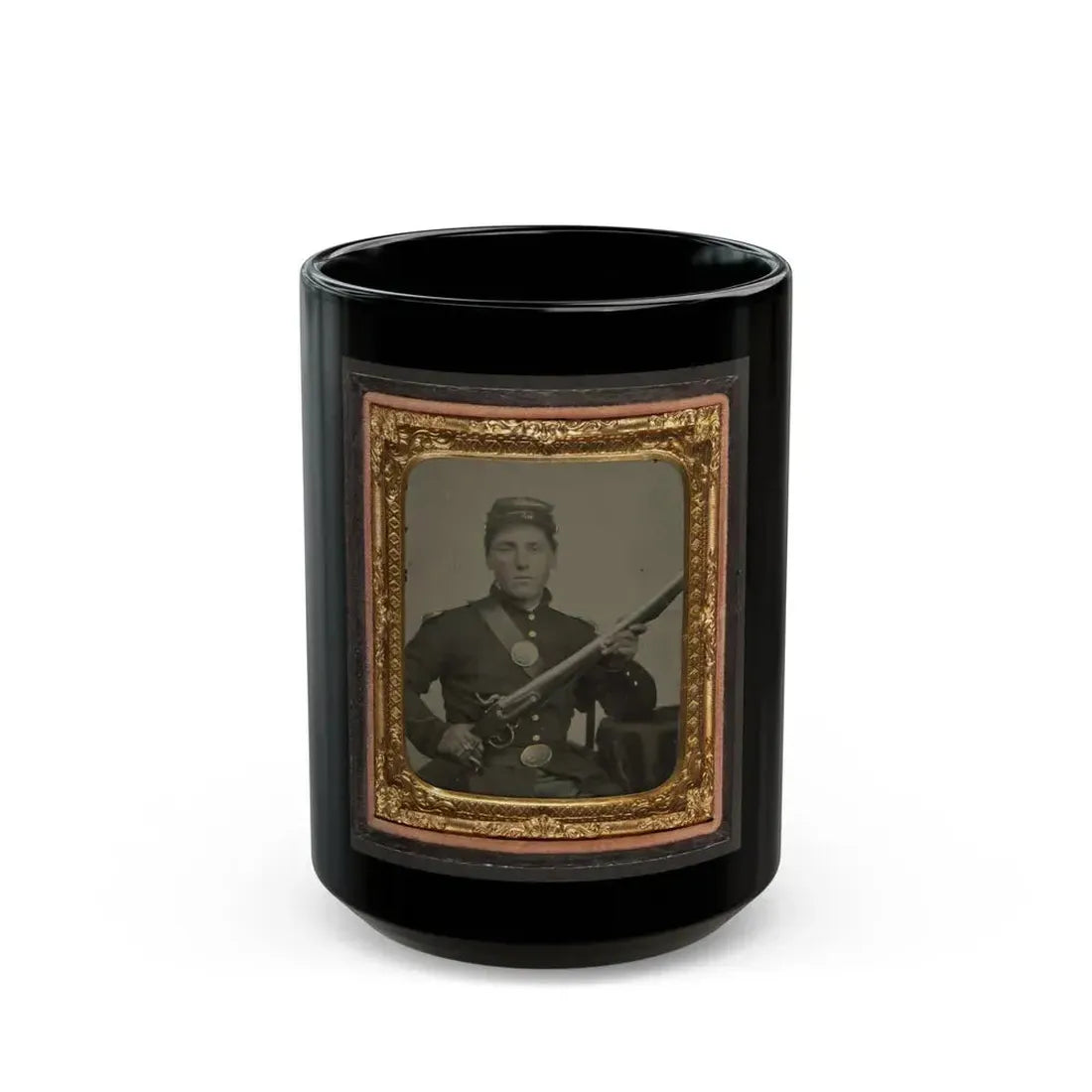 James Mcgrail In Union Uniform With Shoulder Scales And Eagle Breast Plate Sitting With A Musket And Bayonet In Scabbard (U.S. Civil War) Black Coffee Mug 15oz - Go Mug Yourself