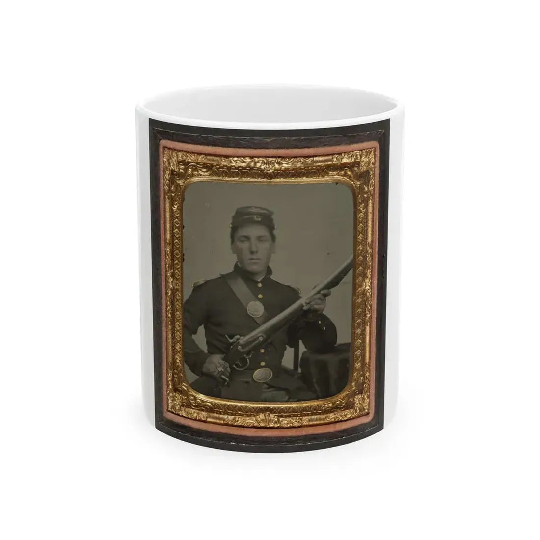 James Mcgrail In Union Uniform With Shoulder Scales And Eagle Breast Plate Sitting With A Musket And Bayonet In Scabbard (U.S. Civil War) White Coffee Mug 11oz - Go Mug Yourself