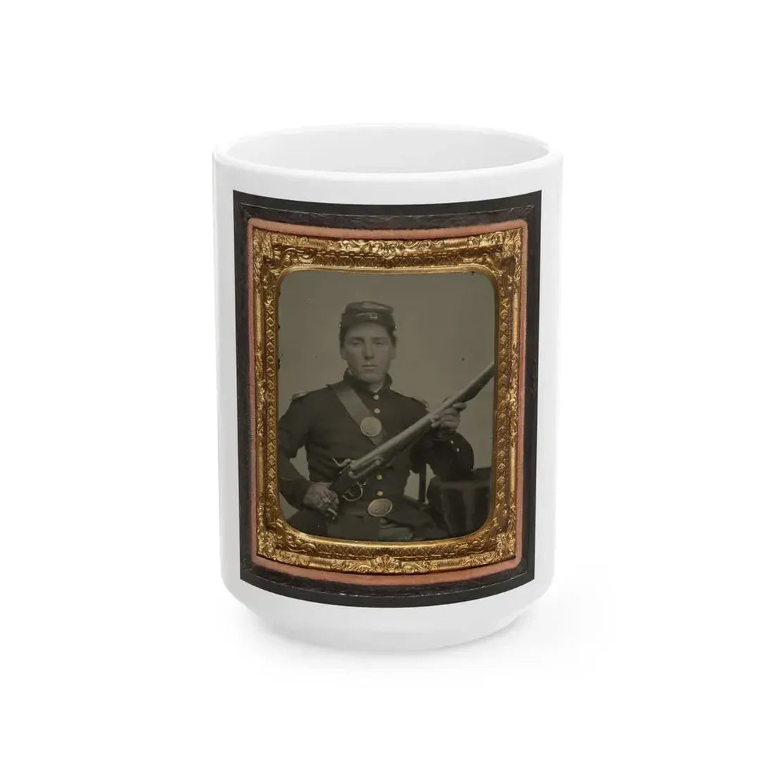James Mcgrail In Union Uniform With Shoulder Scales And Eagle Breast Plate Sitting With A Musket And Bayonet In Scabbard (U.S. Civil War) White Coffee Mug 15oz - Go Mug Yourself