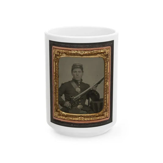 James Mcgrail In Union Uniform With Shoulder Scales And Eagle Breast Plate Sitting With A Musket And Bayonet In Scabbard (U.S. Civil War) White Coffee Mug 15oz - Go Mug Yourself