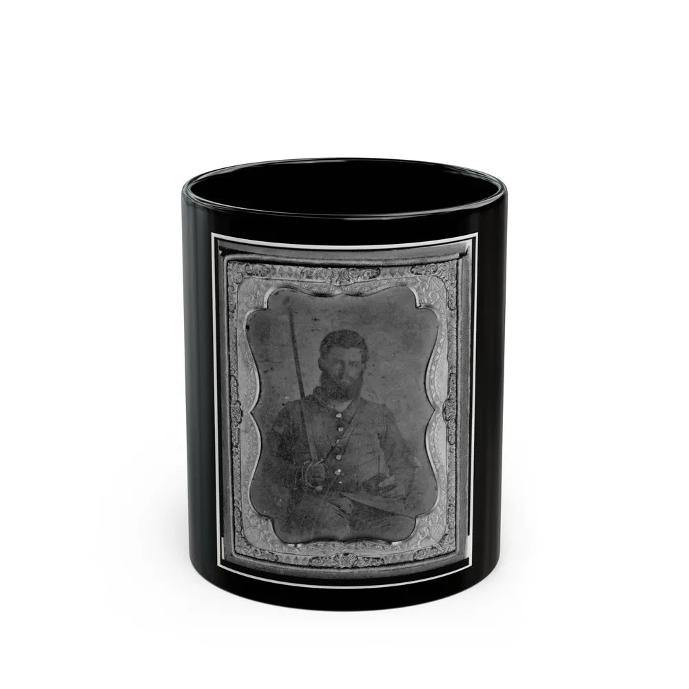 James S. Dodd, Pvt., Co. C, 4th South Carolina Cavalry, Half-Length Portrait, Seated Holding Saber, Facing Front (U.S. Civil War) Black Coffee Mug-11oz-Go Mug Yourself