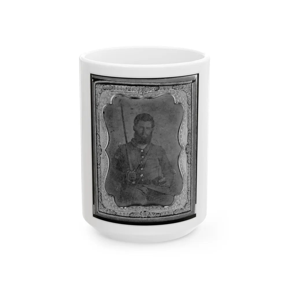 James S. Dodd, Pvt., Co. C, 4th South Carolina Cavalry, Half-Length Portrait, Seated Holding Saber, Facing Front (U.S. Civil War) White Coffee Mug-15oz-Go Mug Yourself