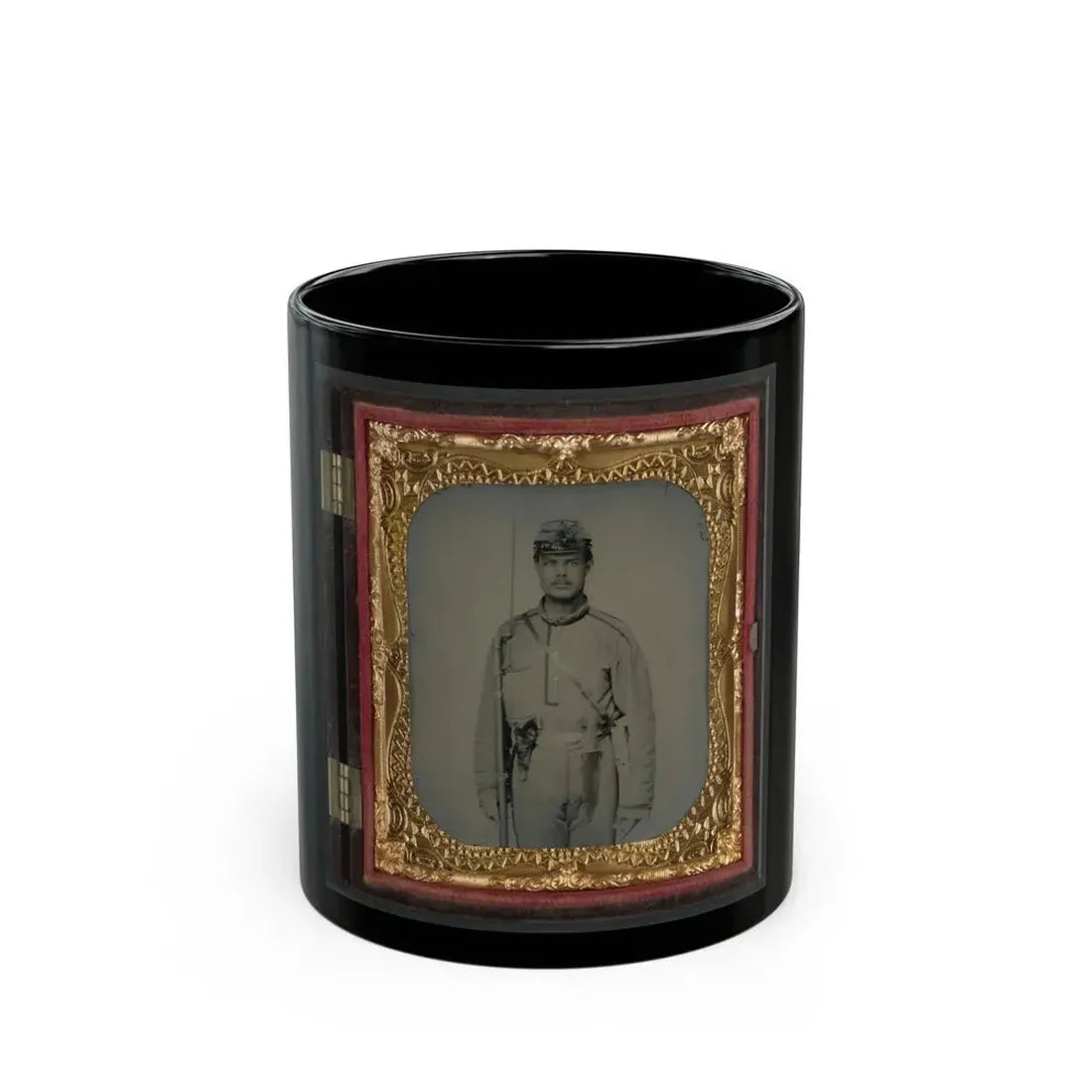 James W. Millner Of Company K, 38th Virginia Infantry Regiment With Bayoneted Musket, Holstered Pistol, And Knife (U.S. Civil War) Black Coffee Mug 11oz - Go Mug Yourself