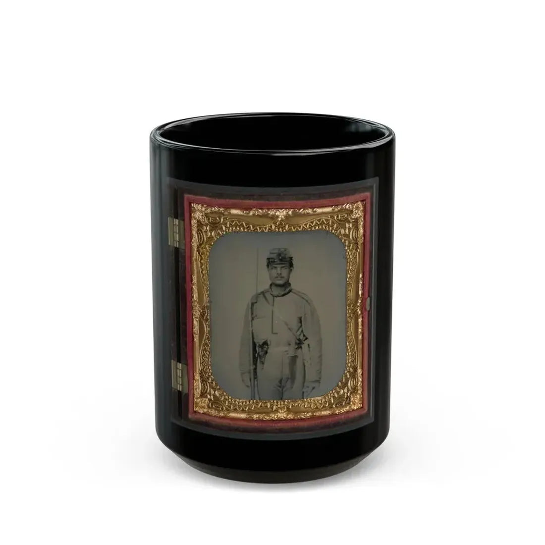 James W. Millner Of Company K, 38th Virginia Infantry Regiment With Bayoneted Musket, Holstered Pistol, And Knife (U.S. Civil War) Black Coffee Mug 15oz - Go Mug Yourself