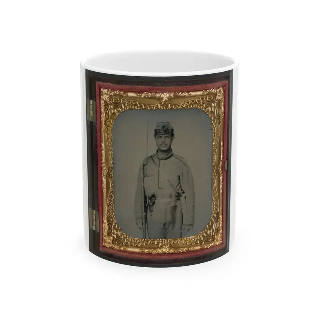 James W. Millner Of Company K, 38th Virginia Infantry Regiment With Bayoneted Musket, Holstered Pistol, And Knife (U.S. Civil War) White Coffee Mug 11oz - Go Mug Yourself