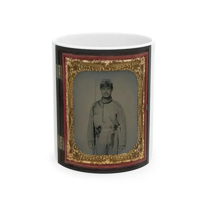 James W. Millner Of Company K, 38th Virginia Infantry Regiment With Bayoneted Musket, Holstered Pistol, And Knife (U.S. Civil War) White Coffee Mug 11oz - Go Mug Yourself