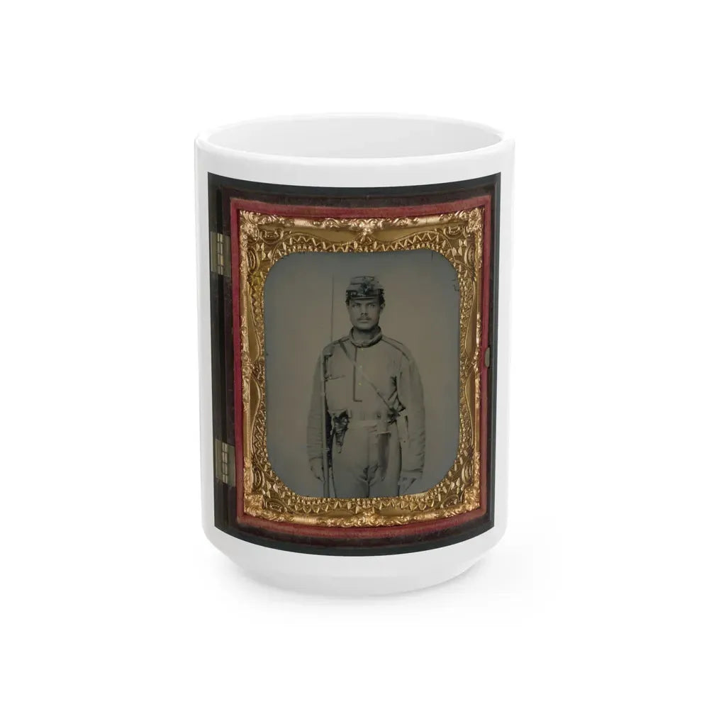 James W. Millner Of Company K, 38th Virginia Infantry Regiment With Bayoneted Musket, Holstered Pistol, And Knife (U.S. Civil War) White Coffee Mug 15oz - Go Mug Yourself