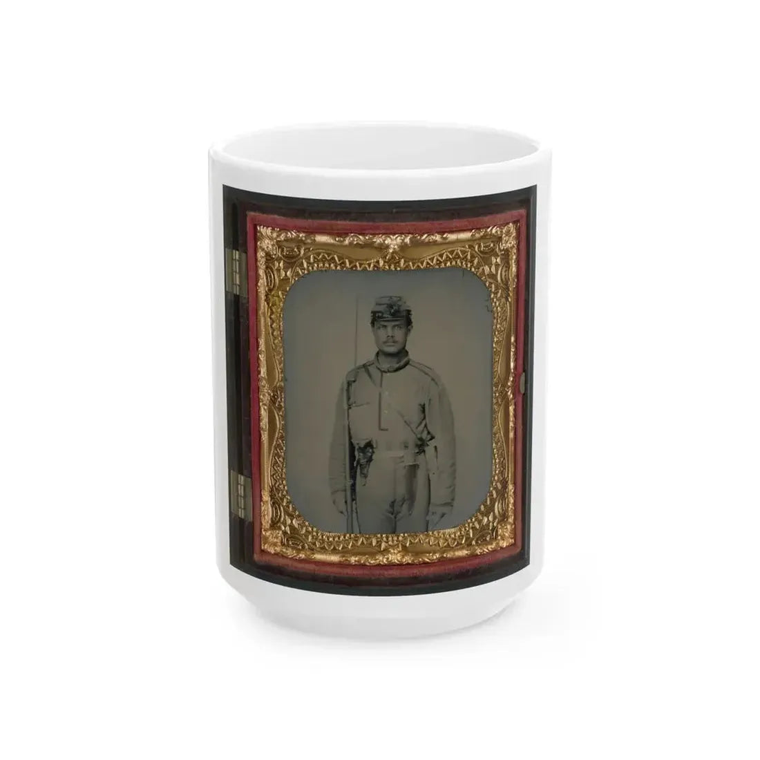James W. Millner Of Company K, 38th Virginia Infantry Regiment With Bayoneted Musket, Holstered Pistol, And Knife (U.S. Civil War) White Coffee Mug 15oz - Go Mug Yourself
