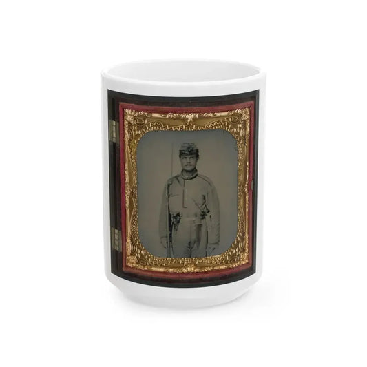 James W. Millner Of Company K, 38th Virginia Infantry Regiment With Bayoneted Musket, Holstered Pistol, And Knife (U.S. Civil War) White Coffee Mug 15oz - Go Mug Yourself