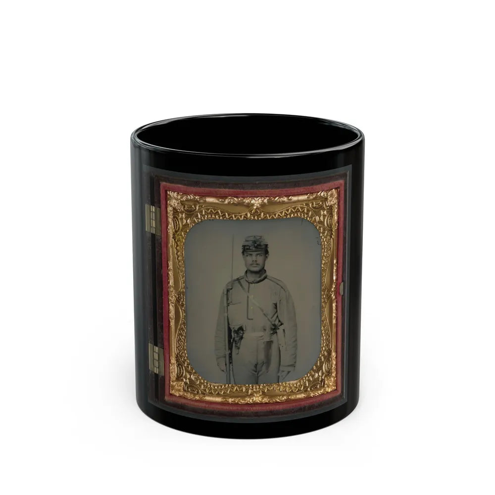 James W. Millner Of Company K, 38th Virginia Infantry Regiment With Bayoneted Musket, Holstered Pistol, And Knife (U.S. Civil War) Black Coffee Mug-11oz-Go Mug Yourself