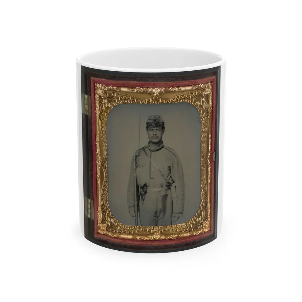 James W. Millner Of Company K, 38th Virginia Infantry Regiment With Bayoneted Musket, Holstered Pistol, And Knife (U.S. Civil War) White Coffee Mug-11oz-Go Mug Yourself