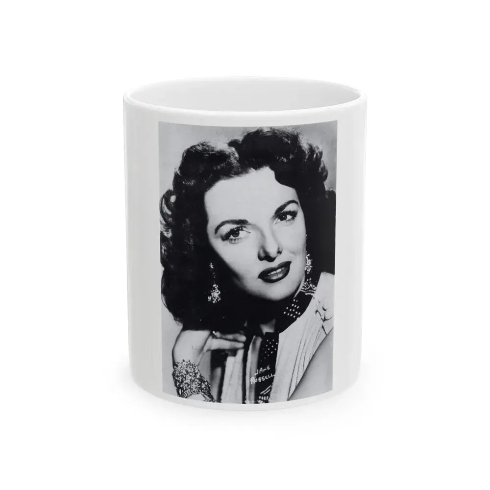 Jane Russell #240 - Vintage B&W 5x7 Upper Body Head & Shoulder Glamour Photo on Postcard (Vintage Female Icon) White Coffee Mug 11oz - Go Mug Yourself