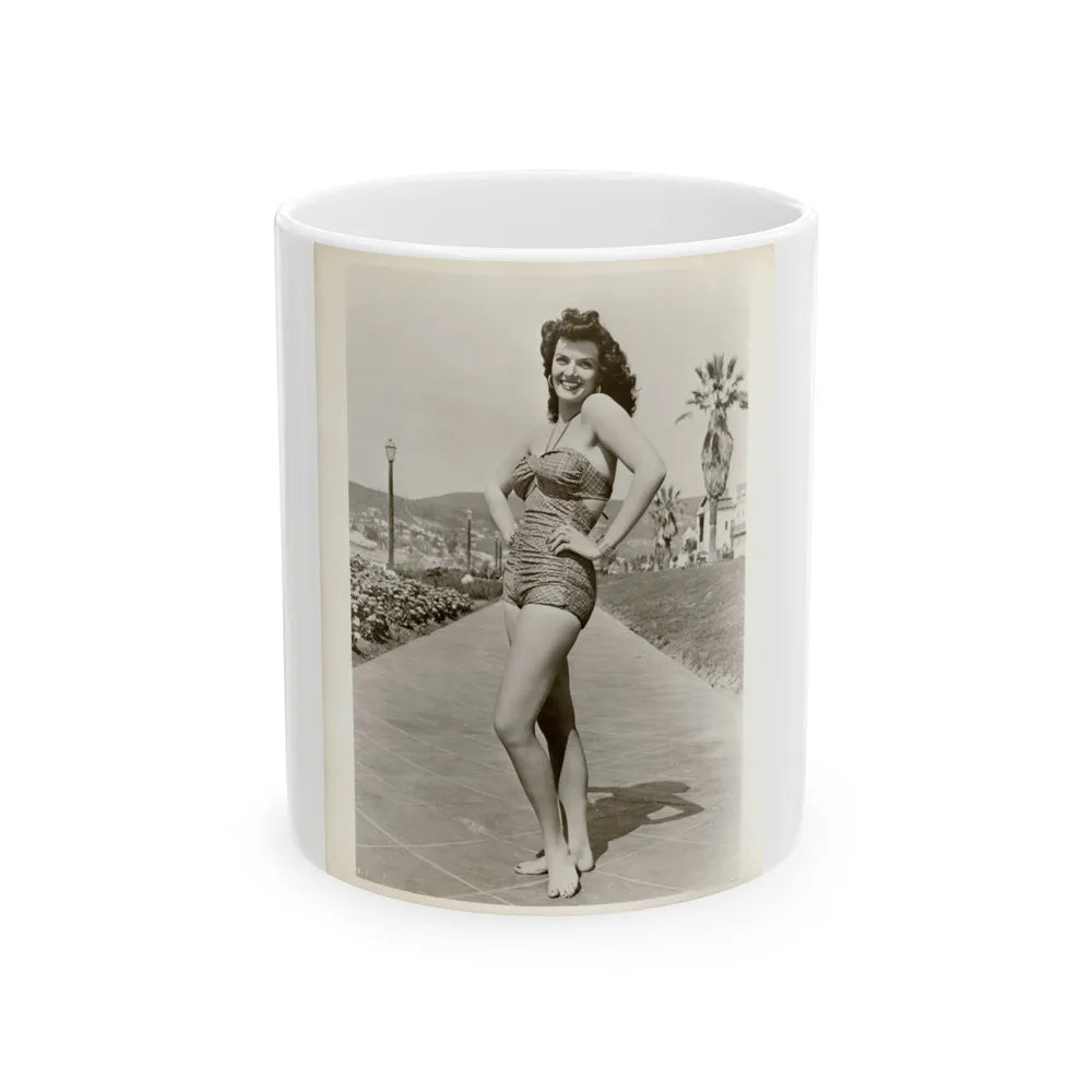 Jane Russell #242 - Vintage B&W 8x10 Full Body 1-Piece Swimsuit Leggy Barefoot Cheesecake Photo (Vintage Female Icon) White Coffee Mug-11oz-Go Mug Yourself