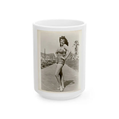 Jane Russell #242 - Vintage B&W 8x10 Full Body 1-Piece Swimsuit Leggy Barefoot Cheesecake Photo (Vintage Female Icon) White Coffee Mug-15oz-Go Mug Yourself