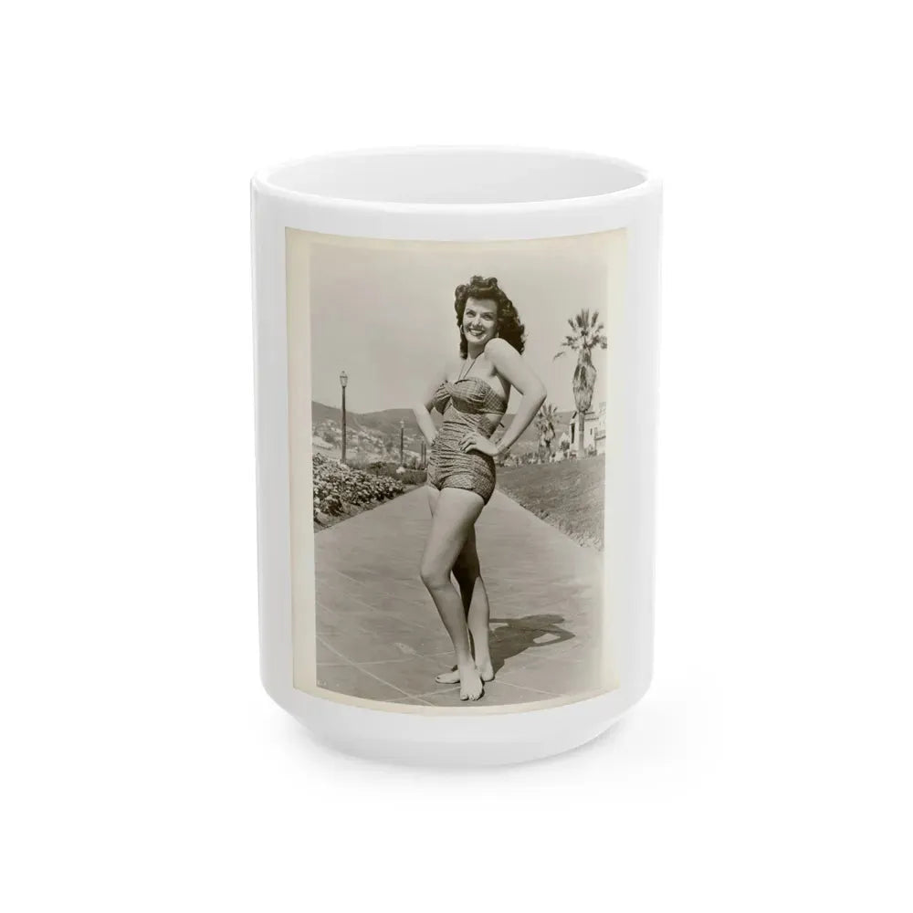 Jane Russell #242 - Vintage B&W 8x10 Full Body 1-Piece Swimsuit Leggy Barefoot Cheesecake Photo (Vintage Female Icon) White Coffee Mug 15oz - Go Mug Yourself