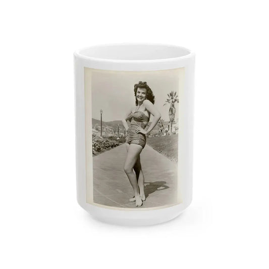 Jane Russell #242 - Vintage B&W 8x10 Full Body 1-Piece Swimsuit Leggy Barefoot Cheesecake Photo (Vintage Female Icon) White Coffee Mug 15oz - Go Mug Yourself