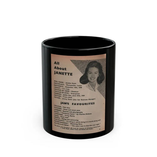 Janette Scott #59 - Life Story+Glamour Photos #38 Fans Star Library - Smaller Face Shot & All About Janette (Vintage Female Icon) Black Coffee Mug 11oz - Go Mug Yourself