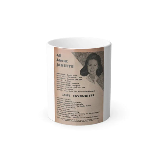 Janette Scott #59 - Life Story+Glamour Photos #38 Fans Star Library - Smaller Face Shot & All About Janette (Vintage Female Icon) Color Changing Coffee Mug 11oz - Go Mug Yourself