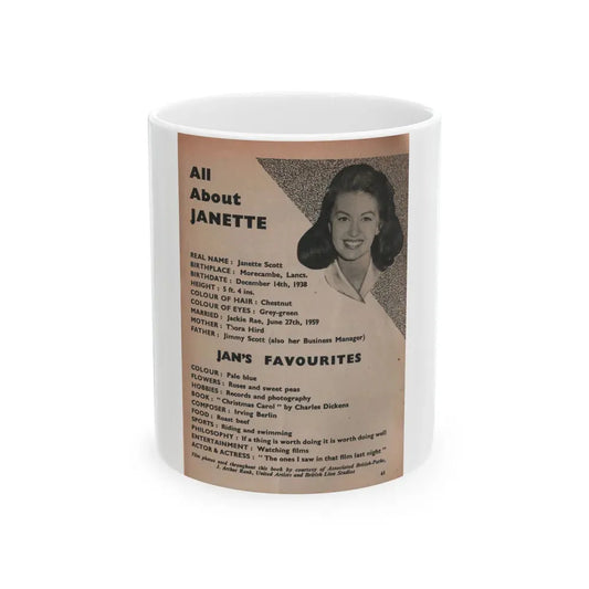Janette Scott #59 - Life Story+Glamour Photos #38 Fans Star Library - Smaller Face Shot & All About Janette (Vintage Female Icon) White Coffee Mug 11oz - Go Mug Yourself