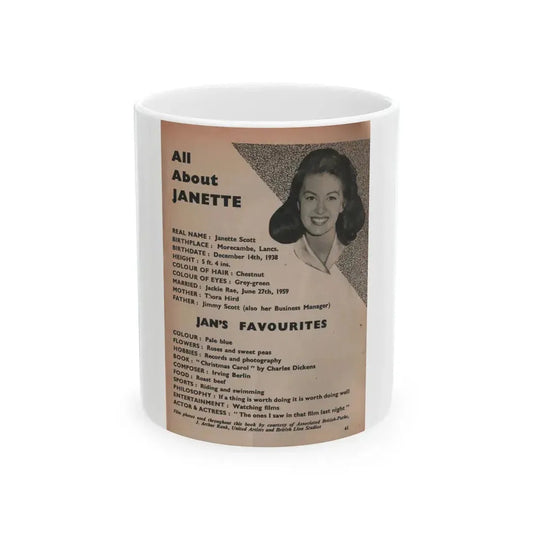 Janette Scott #59 - Life Story+Glamour Photos #38 Fans Star Library - Smaller Face Shot & All About Janette (Vintage Female Icon) White Coffee Mug 11oz - Go Mug Yourself