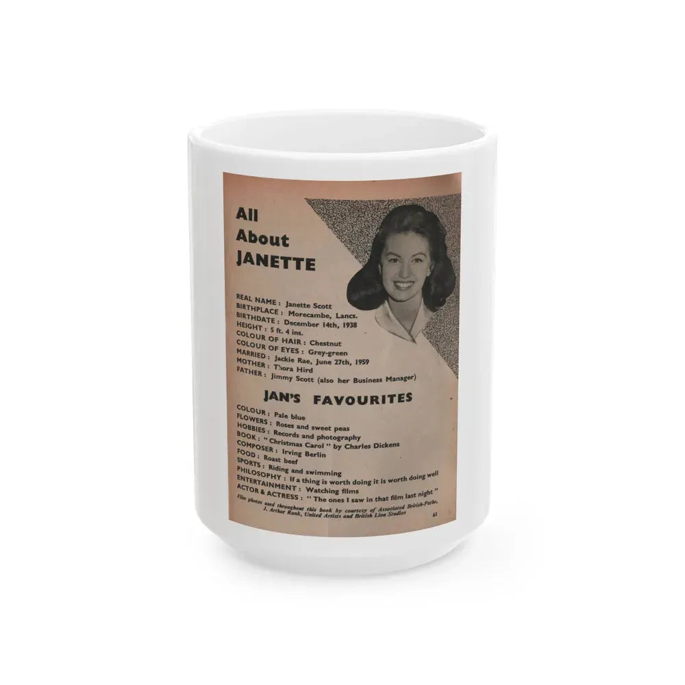 Janette Scott #59 - Life Story+Glamour Photos #38 Fans Star Library - Smaller Face Shot & All About Janette (Vintage Female Icon) White Coffee Mug 15oz - Go Mug Yourself