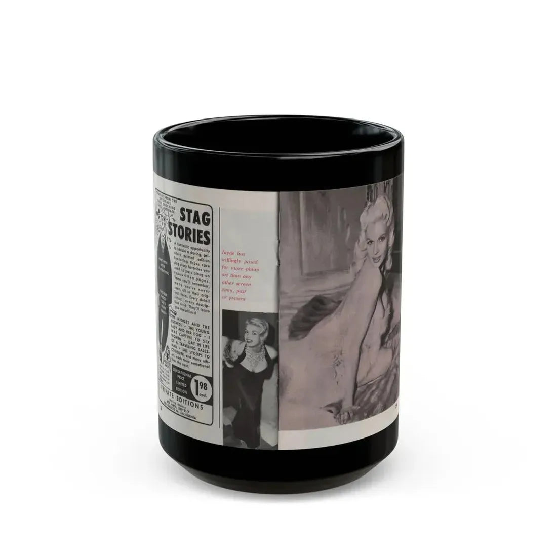 Jayne Mansfield #150 - Pose! Pocket Mag. July '58 - 3 B&W Photos (Vintage Female Icon) Black Coffee Mug 15oz - Go Mug Yourself