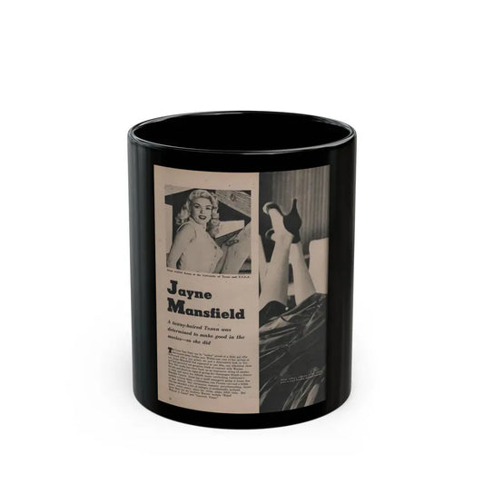 Jayne Mansfield #166 - 1 Page, 2 B&W Photo, Caption & Article from Fabulous Females Mag. Issue #01 '55 (Vintage Female Icon) Black Coffee Mug 11oz - Go Mug Yourself