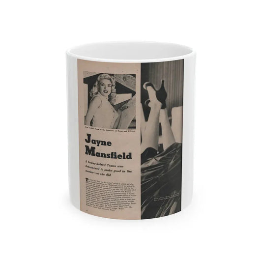 Jayne Mansfield #166 - 1 Page, 2 B&W Photo, Caption & Article from Fabulous Females Mag. Issue #01 '55 (Vintage Female Icon) White Coffee Mug 11oz - Go Mug Yourself