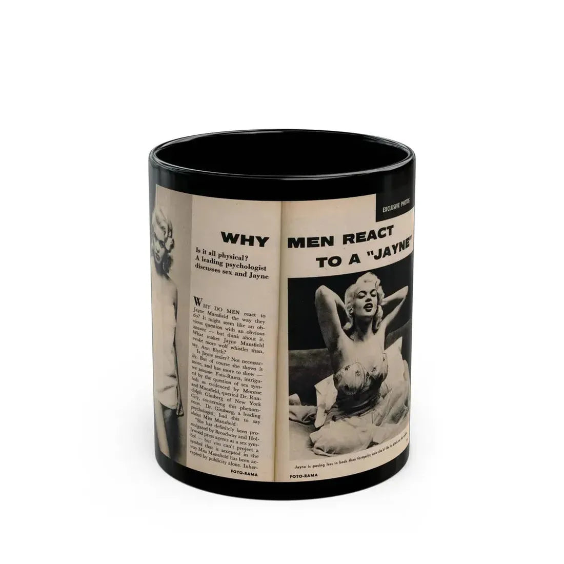 Jayne Mansfield #177 - 2 Pages, 2 B&W Photos, Caption & Article from Foto-rama Digest Mag. May '58 (Vintage Female Icon) Black Coffee Mug 11oz - Go Mug Yourself