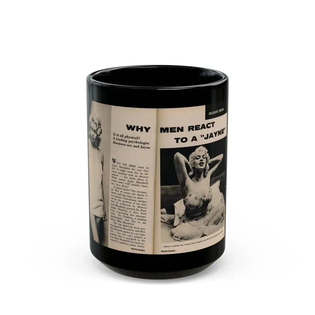 Jayne Mansfield #177 - 2 Pages, 2 B&W Photos, Caption & Article from Foto-rama Digest Mag. May '58 (Vintage Female Icon) Black Coffee Mug 15oz - Go Mug Yourself