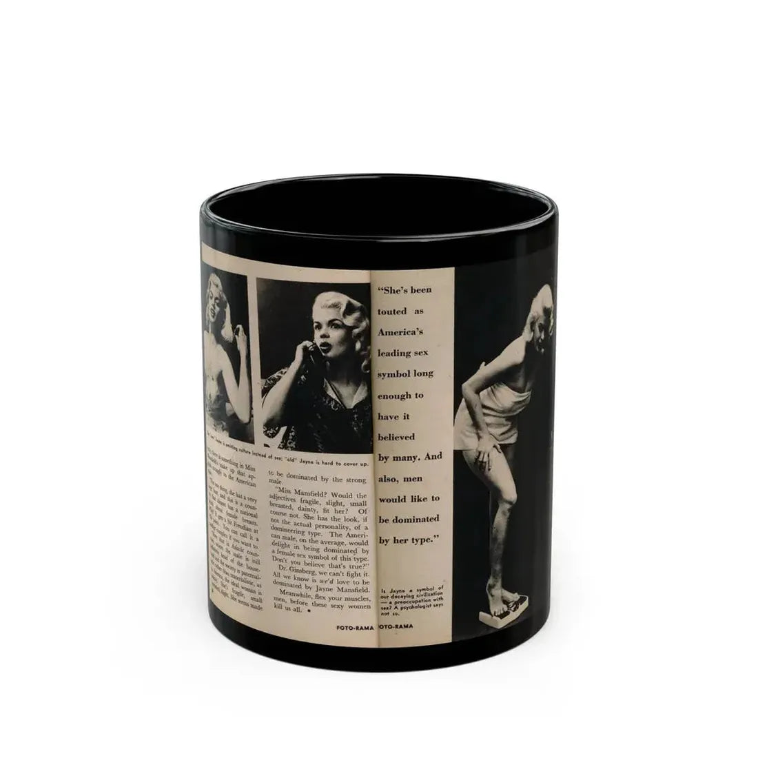 Jayne Mansfield #178 - 2 Pages, 3 B&W Photos, Captions & Article from Foto-rama Digest Mag. May '58 (Vintage Female Icon) Black Coffee Mug 11oz - Go Mug Yourself