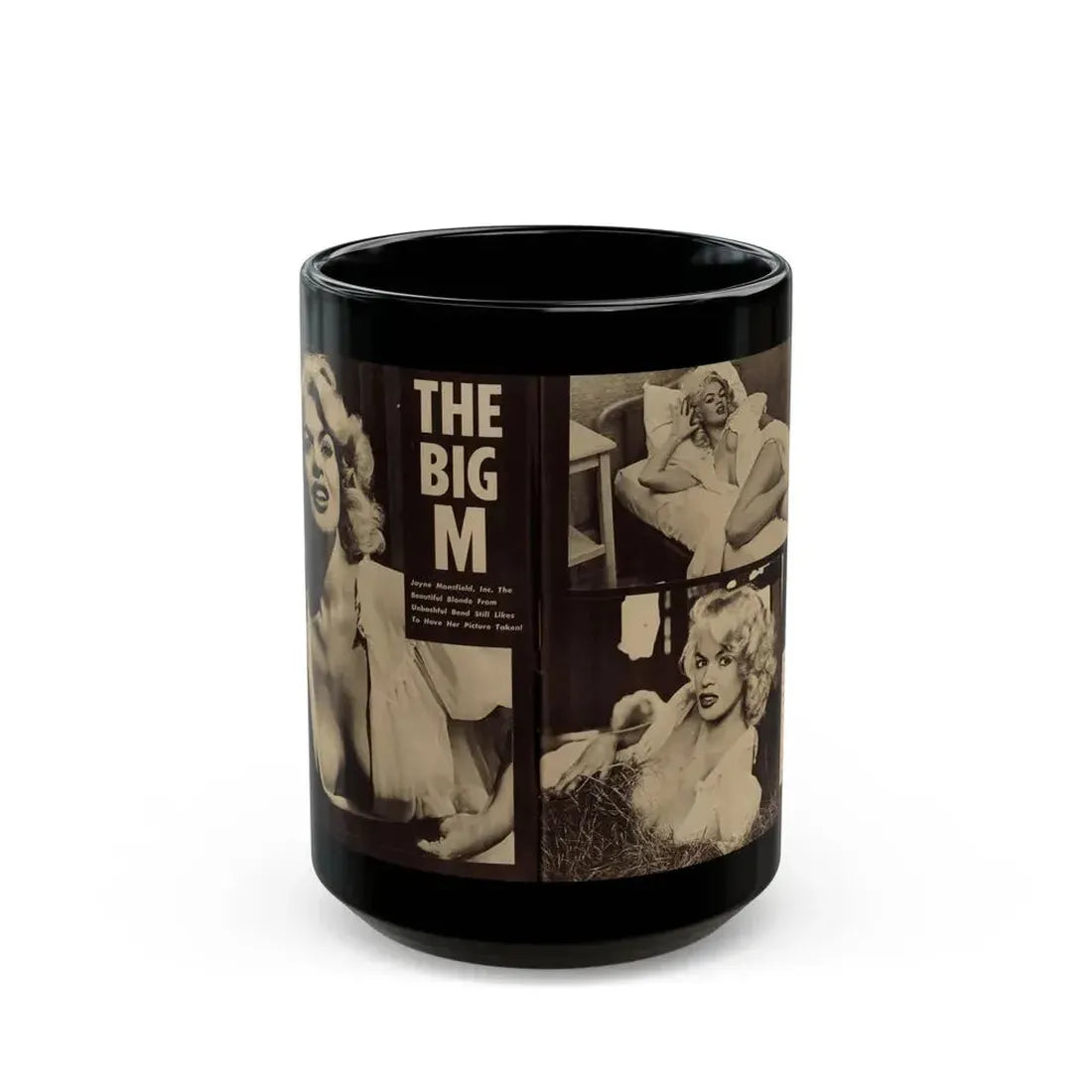 Jayne Mansfield #179 - 2 Pages, 3 B&W Photos & Caption from Glance Mag. August '59 (Vintage Female Icon) Black Coffee Mug 15oz - Go Mug Yourself