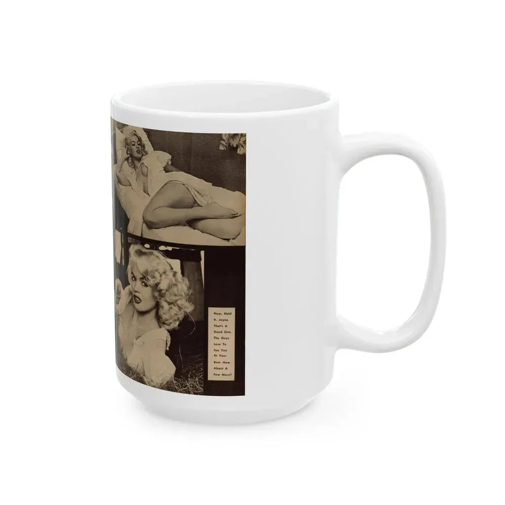 Jayne Mansfield #179 - 2 Pages, 3 B&W Photos & Caption from Glance Mag. August '59 (Vintage Female Icon) White Coffee Mug - Go Mug Yourself