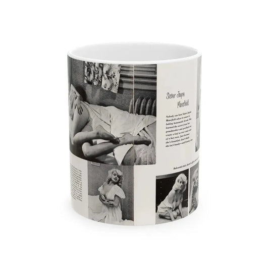 Jayne Mansfield #181 - 2 Pages, 5 B&W Photos & Captions from SCAMP Mag. May '57 (Vintage Female Icon) White Coffee Mug 11oz - Go Mug Yourself