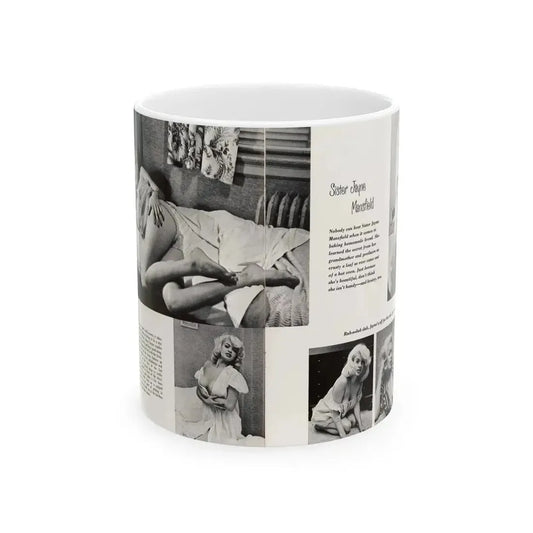 Jayne Mansfield #181 - 2 Pages, 5 B&W Photos & Captions from SCAMP Mag. May '57 (Vintage Female Icon) White Coffee Mug 11oz - Go Mug Yourself