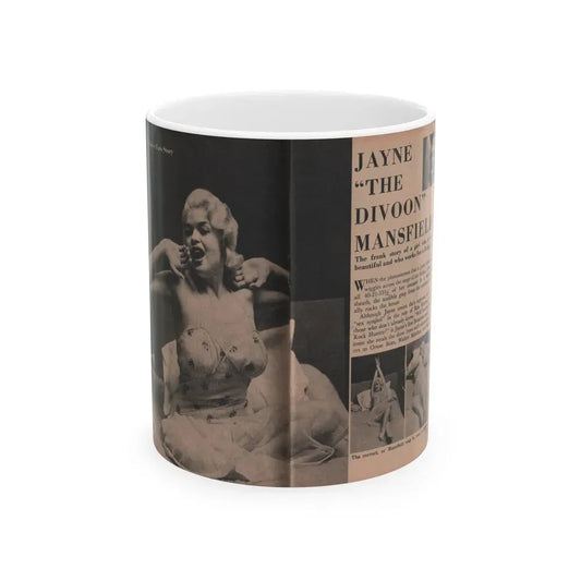 Jayne Mansfield #184 - 2 Pages, 2 Large B&W Photo & 3 Small Ones Plus Caption & Article from Foto-rama Digest Mag. Dec. '56 (Vintage Female Icon) White Coffee Mug 11oz - Go Mug Yourself