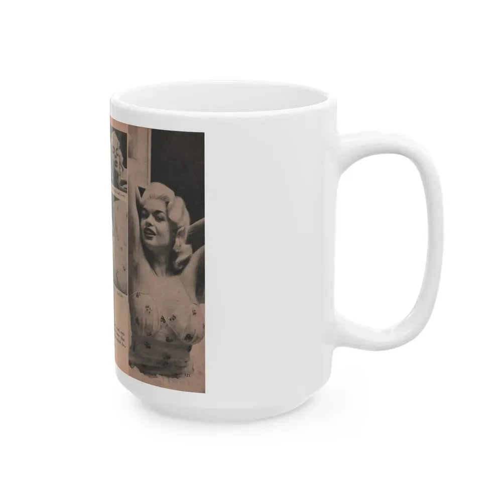 Jayne Mansfield #185 - 2 Pages, 4 B&W Photos, Captions & Article from Foto-rama Digest Mag. Dec. '56 (Vintage Female Icon) White Coffee Mug - Go Mug Yourself