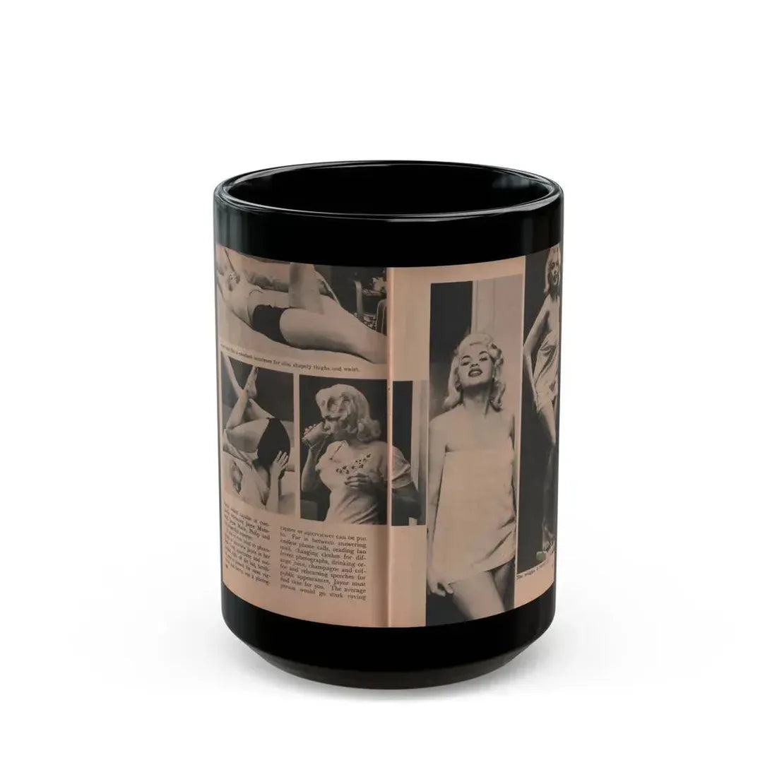Jayne Mansfield #187 - 2 Pages, 5 B&W Photos, 1 Caption & Article from Foto-rama Digest Mag. Dec. '56 (Vintage Female Icon) Black Coffee Mug 15oz - Go Mug Yourself