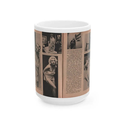 Jayne Mansfield #188 - 2 Pages, 6 B&W Photos, Captions & Article ending from Foto-rama Digest Mag. Dec. '56 (Vintage Female Icon) White Coffee Mug 15oz - Go Mug Yourself