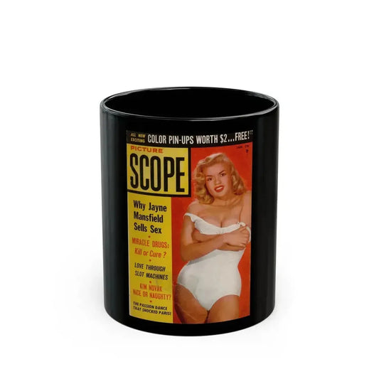 Jayne Mansfield #190 - Jayne on Cover in Color & inside spread from PICTURE SCOPE January '57 (Vintage Female Icon) Black Coffee Mug 11oz - Go Mug Yourself