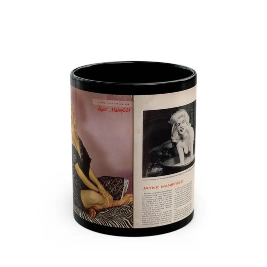 Jayne Mansfield #274 - Pages 1 & 2 of 4 with, 1 Color Full Page Photo & 1 Smaller B&W Photo on next page from Jem Magazine Nov. '56 (Vintage Female Icon) Black Coffee Mug 11oz - Go Mug Yourself