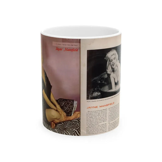 Jayne Mansfield #274 - Pages 1 & 2 of 4 with, 1 Color Full Page Photo & 1 Smaller B&W Photo on next page from Jem Magazine Nov. '56 (Vintage Female Icon) White Coffee Mug 11oz - Go Mug Yourself