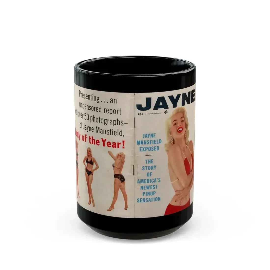 Jayne Mansfield #277 - JAYNE Pocket Magazine unfolded front & back cover with over 50 photos of her! (Vintage Female Icon) Black Coffee Mug 15oz - Go Mug Yourself