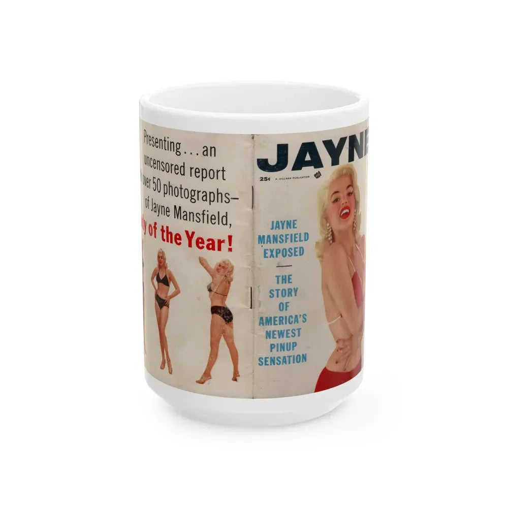 Jayne Mansfield #277 - JAYNE Pocket Magazine unfolded front & back cover with over 50 photos of her! (Vintage Female Icon) White Coffee Mug 15oz - Go Mug Yourself