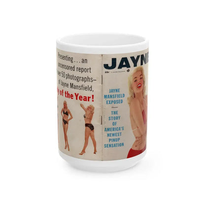 Jayne Mansfield #277 - JAYNE Pocket Magazine unfolded front & back cover with over 50 photos of her! (Vintage Female Icon) White Coffee Mug 15oz - Go Mug Yourself