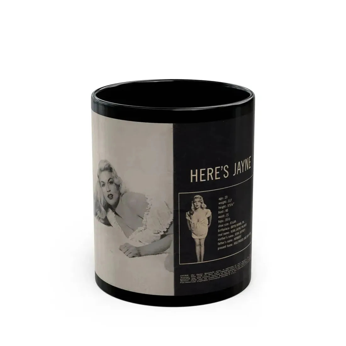Jayne Mansfield #278 - JAYNE Pocket Magazine inside & Pages 1 (Vintage Female Icon) Black Coffee Mug 11oz - Go Mug Yourself