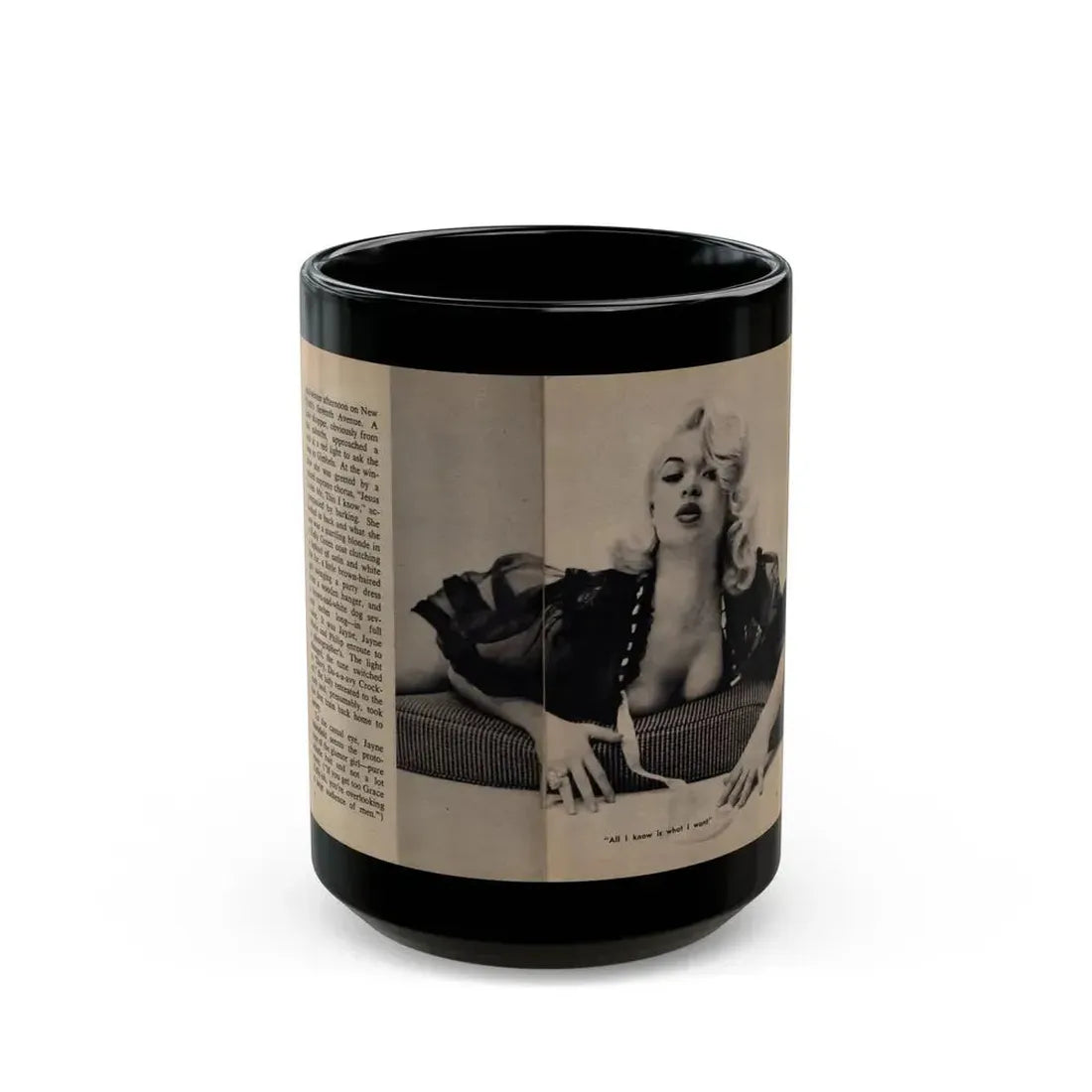 Jayne Mansfield #282 - JAYNE Pocket Magazine Pages 8 & 9 (Vintage Female Icon) Black Coffee Mug 15oz - Go Mug Yourself