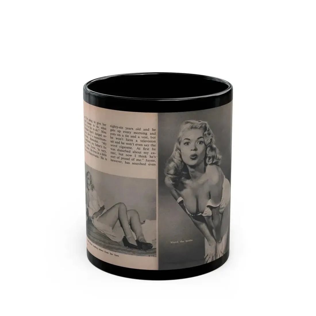 Jayne Mansfield #291 - JAYNE Pocket Magazine Pages 26 & 27 (Vintage Female Icon) Black Coffee Mug 11oz - Go Mug Yourself